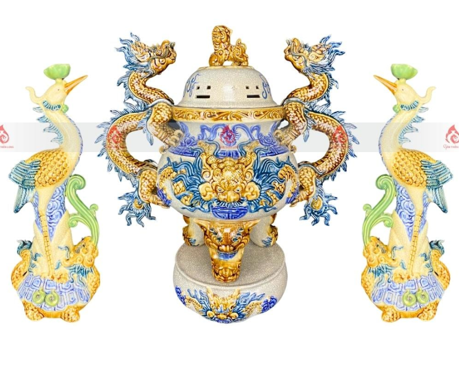 BỘ ĐỈNH HẠC SỨ MEN RẠN ĐẮP NỔI BÁT TRÀNG CAO 61CM 3